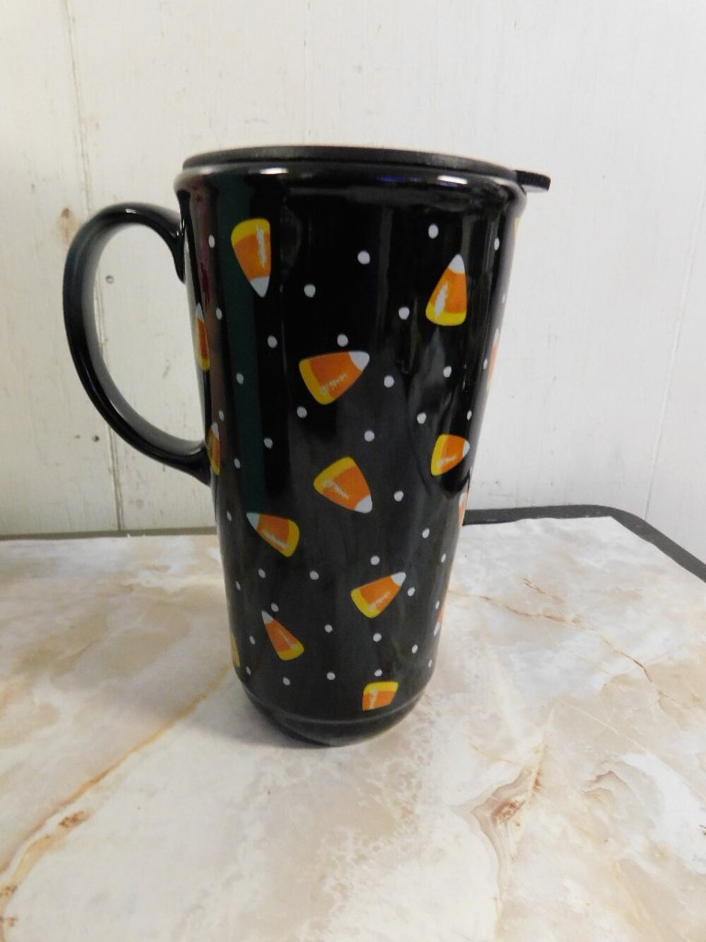 Longaberger Pottery Candy Corn Tall Travel Mug with Lid